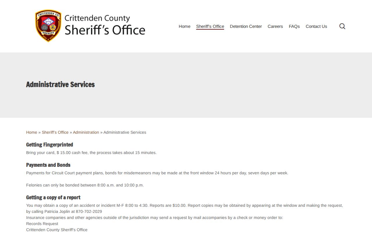 Crittenden County warrant lookup bond service hours