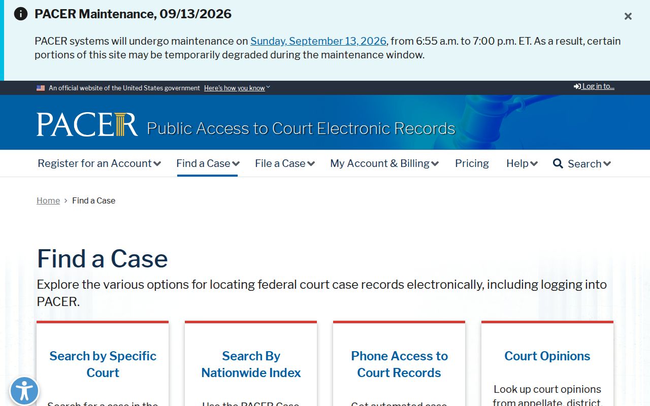 PACER federal case-search interface and court contact fallback